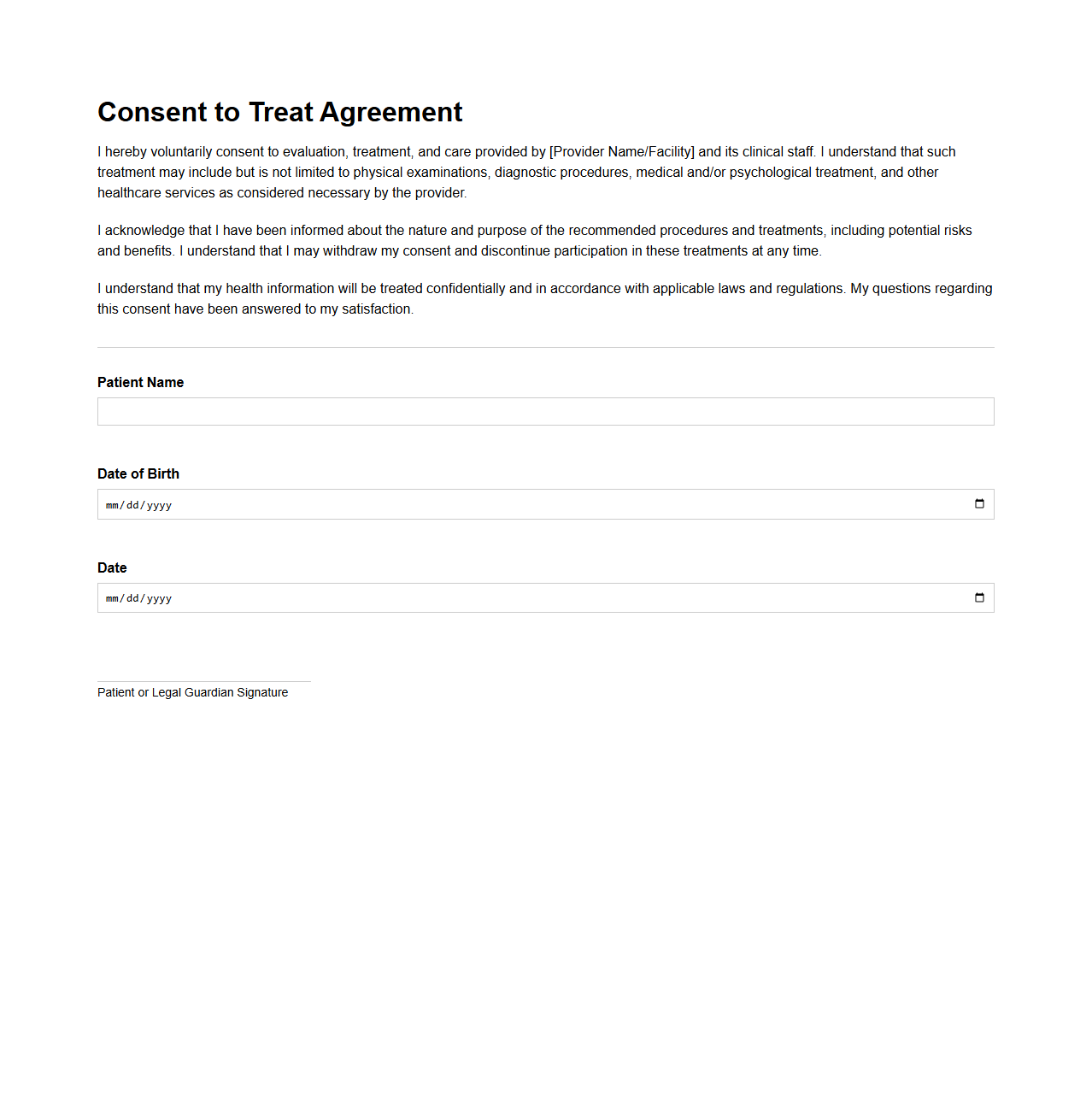 Consent to Treat Agreement Sample