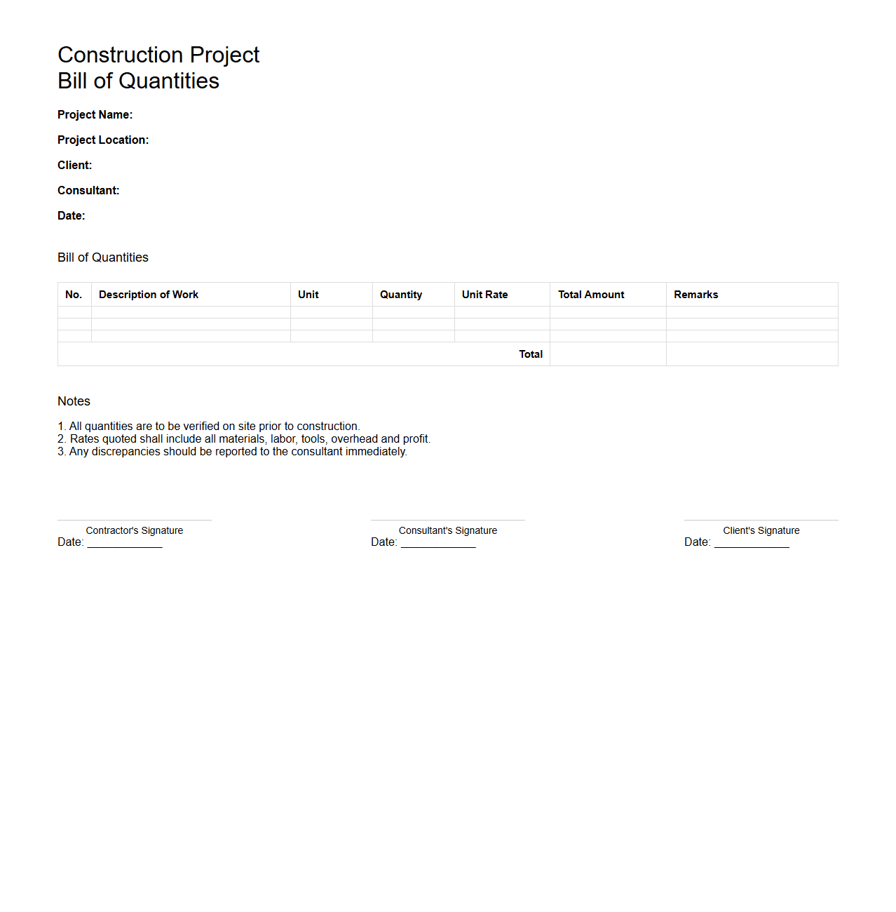 Construction Project Bill of Quantities Template