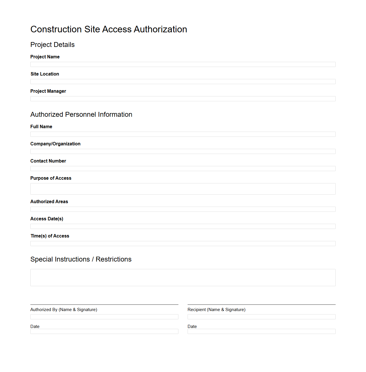Construction Site Access Authorization Sample