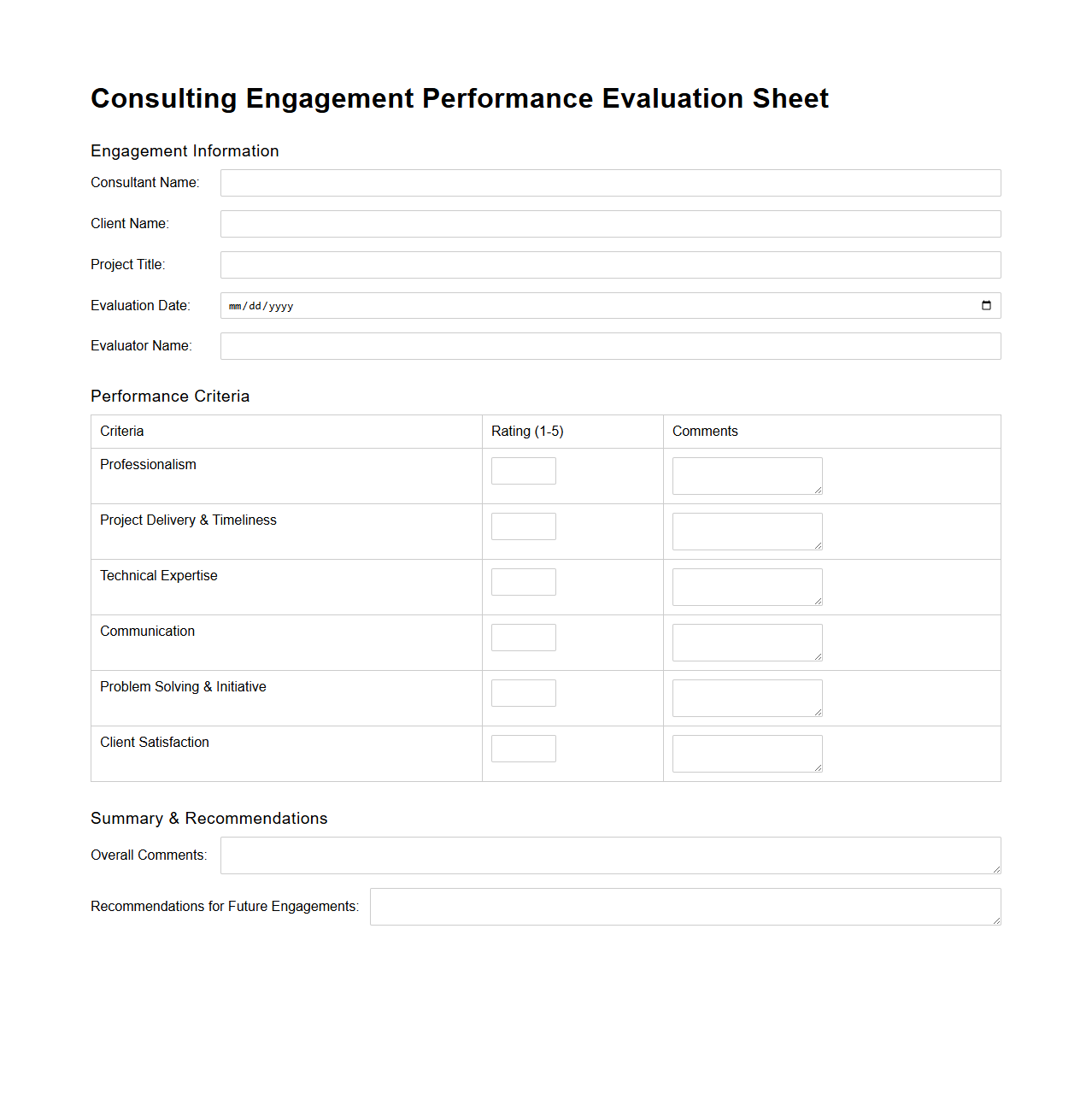 Consulting Engagement Performance Evaluation Sheet