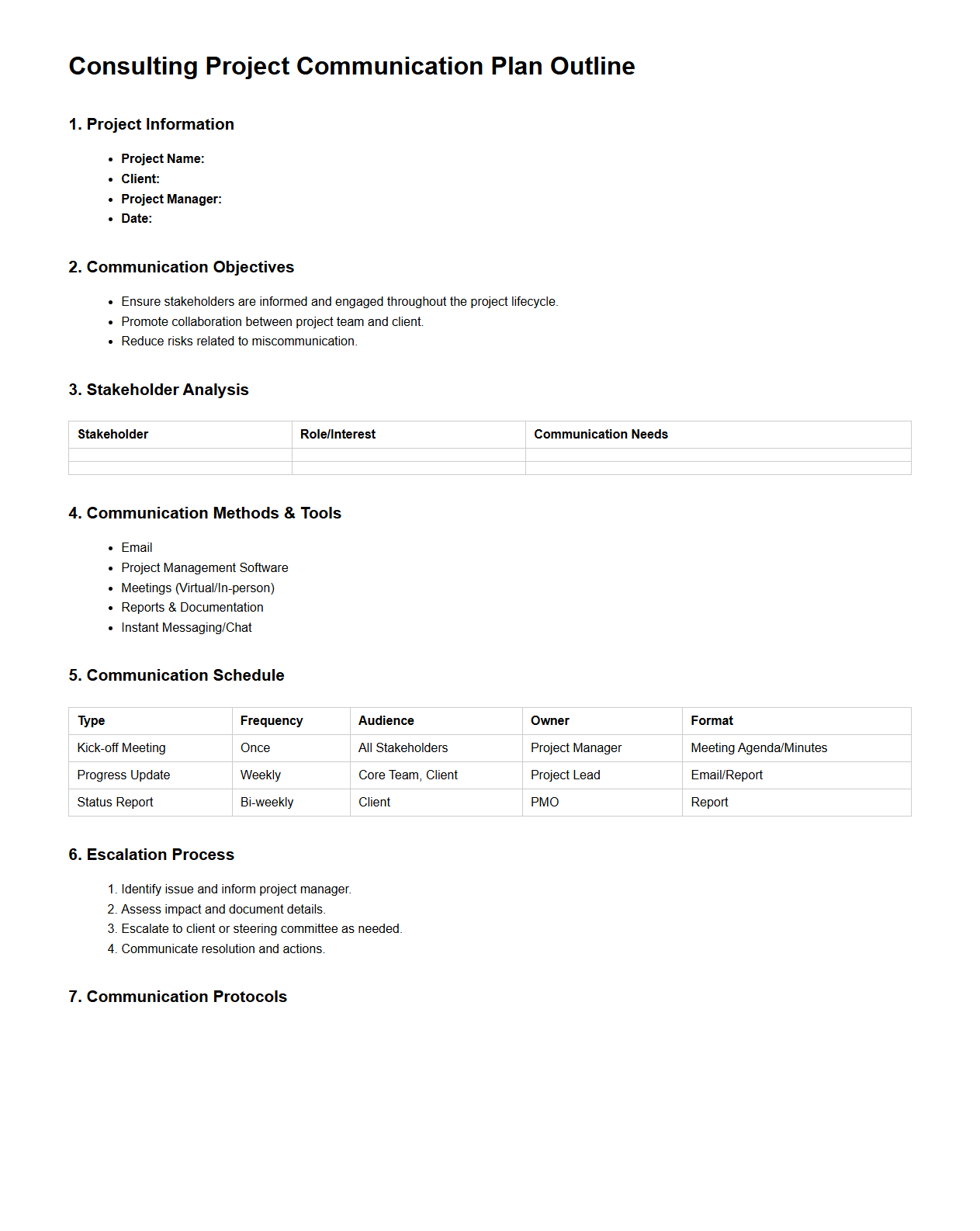 Consulting Project Communication Plan Outline