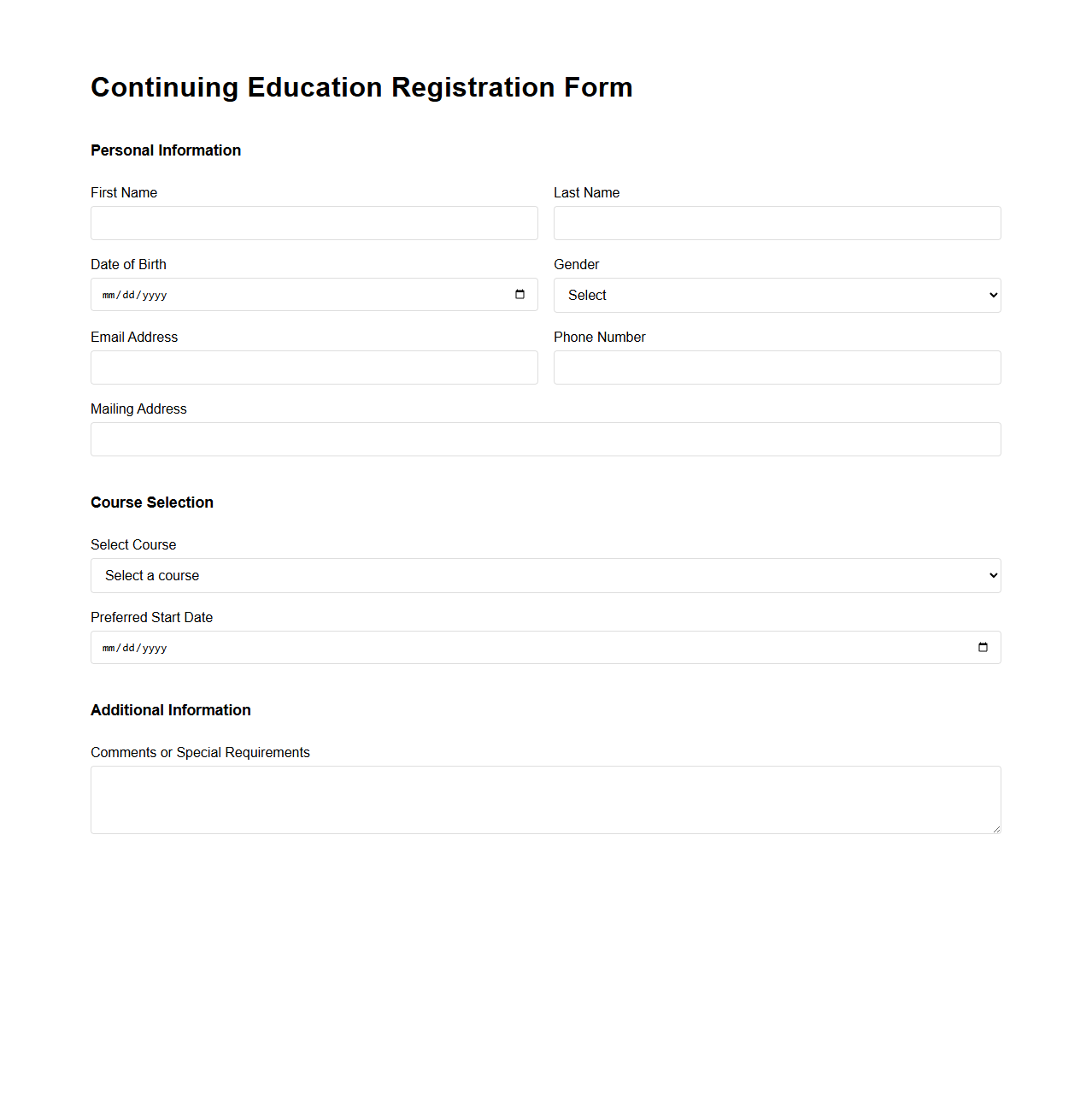 Continuing Education Registration Form Example