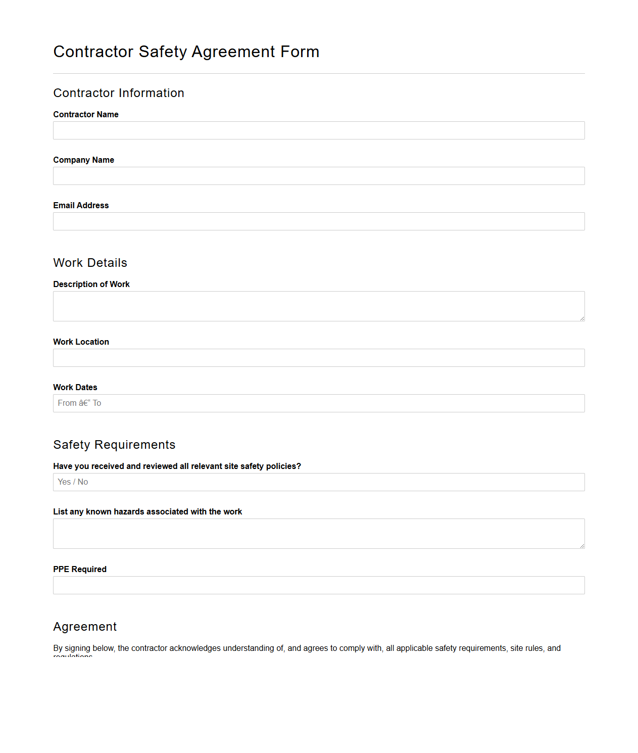 Contractor Safety Agreement Form