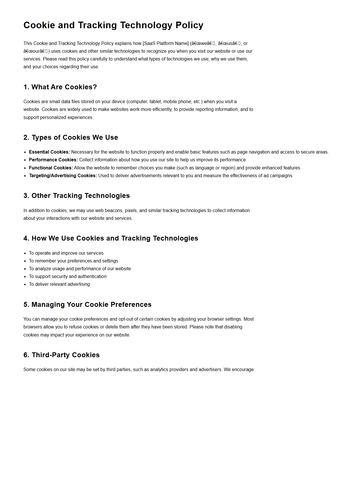 Cookie and Tracking Technology Policy Sample for SaaS Platforms