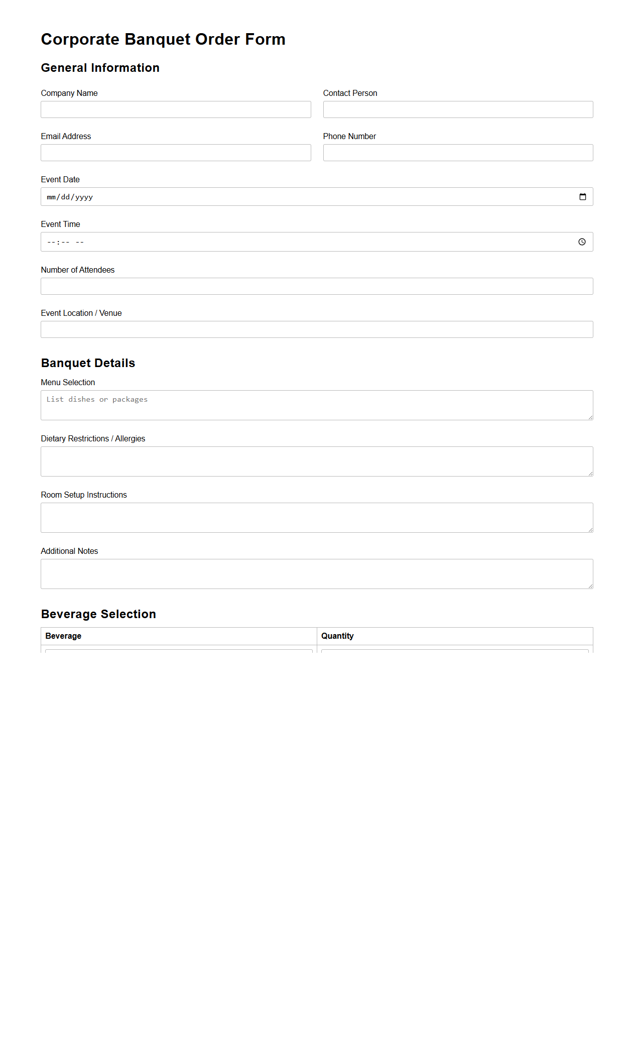 Corporate Banquet Order Form Template
