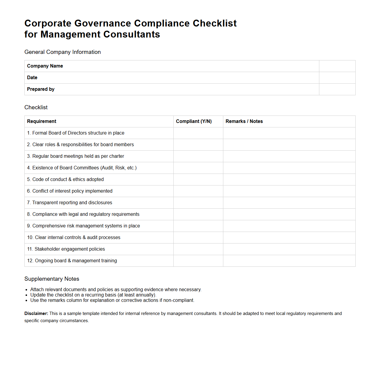 Corporate Governance Compliance Checklist for Management Consultants