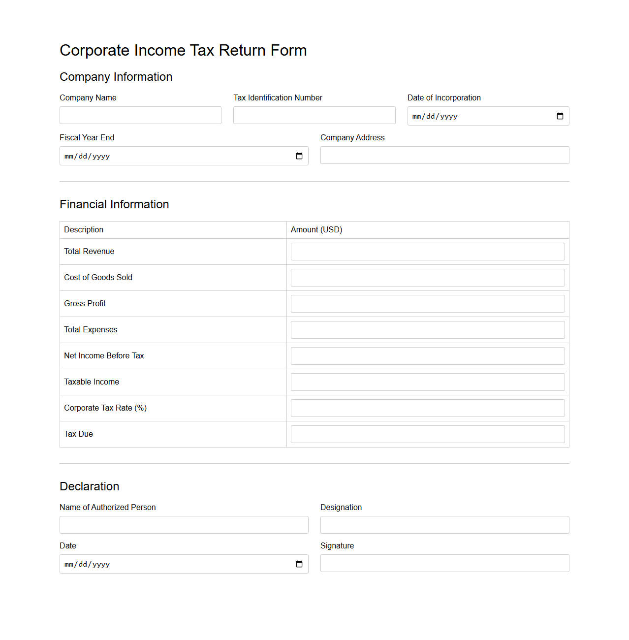 Corporate Income Tax Return Form Example