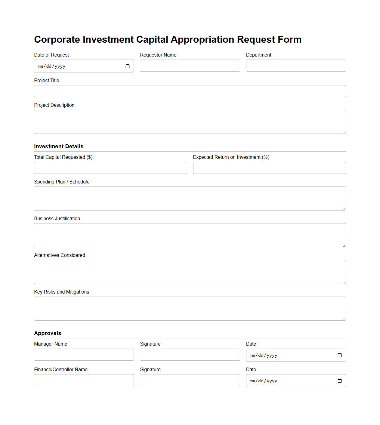 Corporate Investment Capital Appropriation Request Form