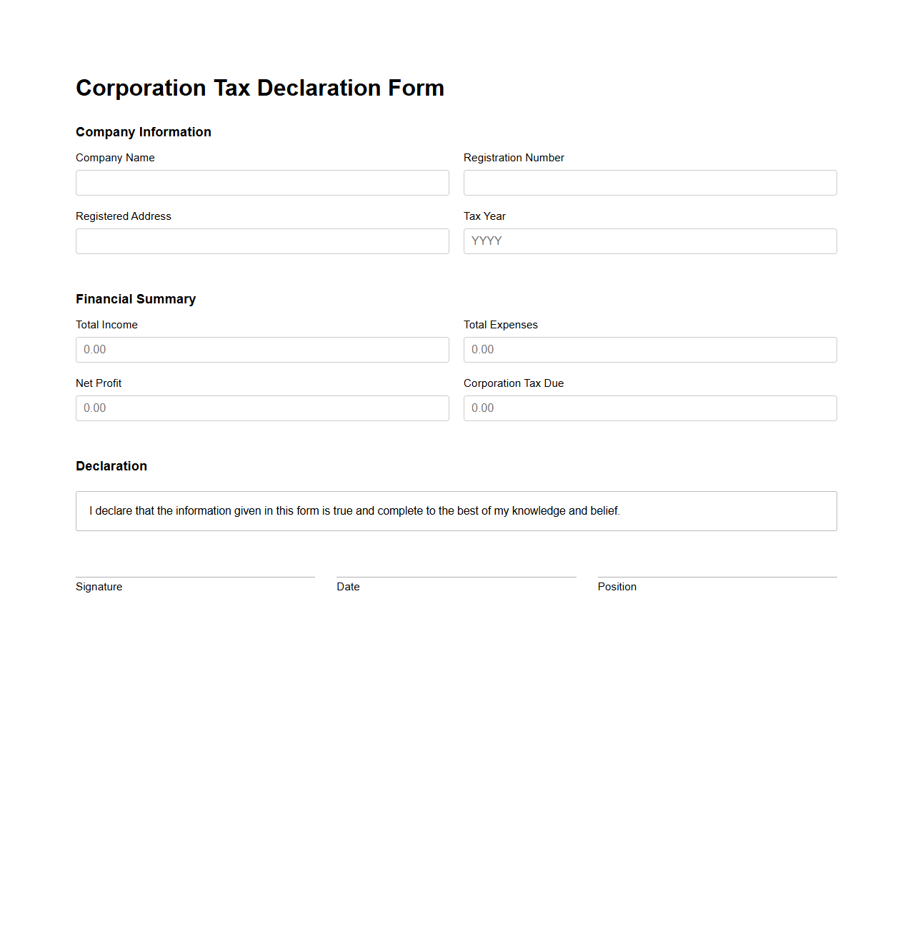Corporation Tax Declaration Form Sample