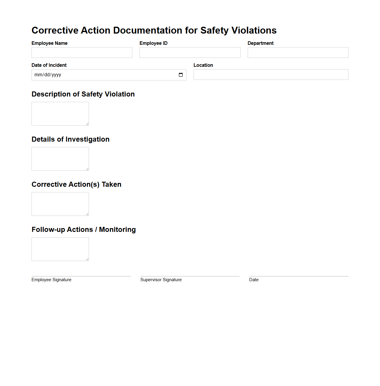 Corrective Action Documentation for Safety Violations