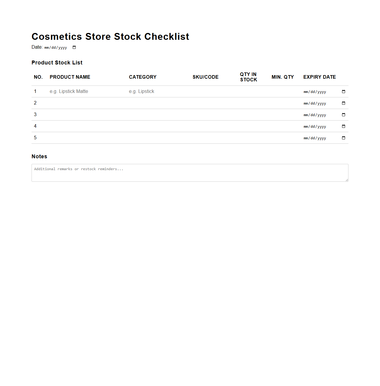 Cosmetics Store Stock Checklist