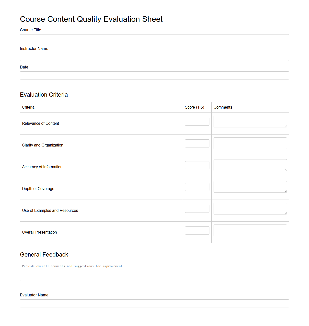 Course Content Quality Evaluation Sheet