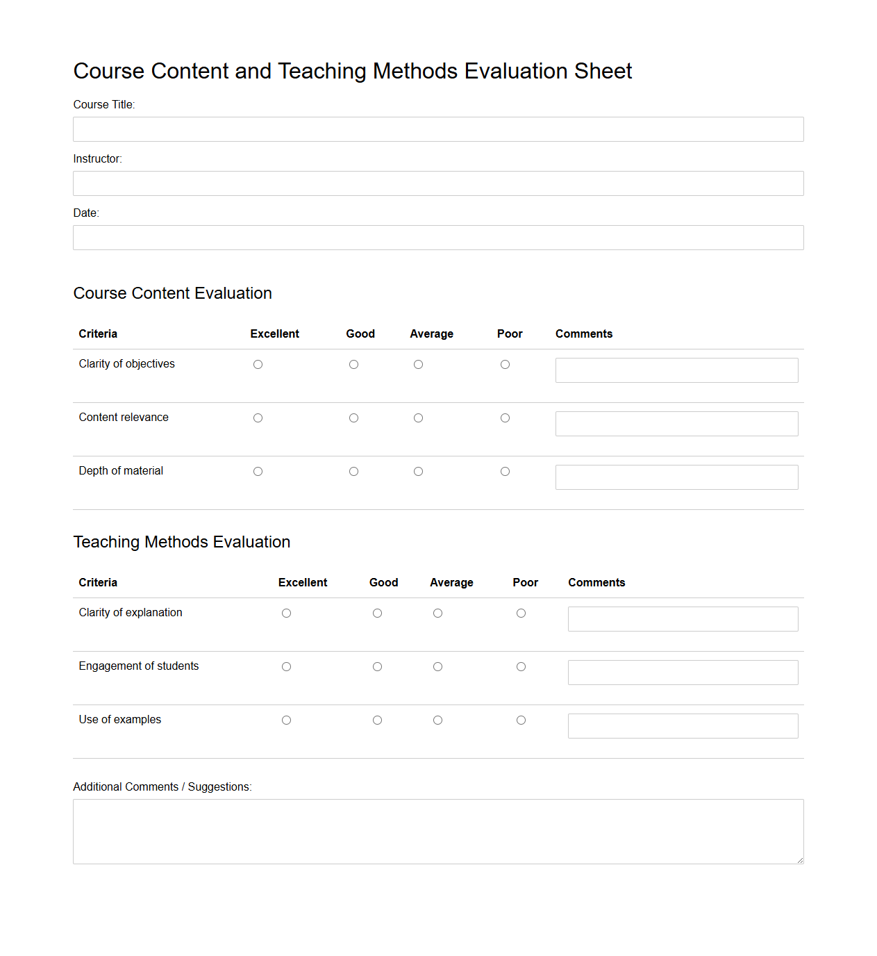 Course Content and Teaching Methods Evaluation Sheet