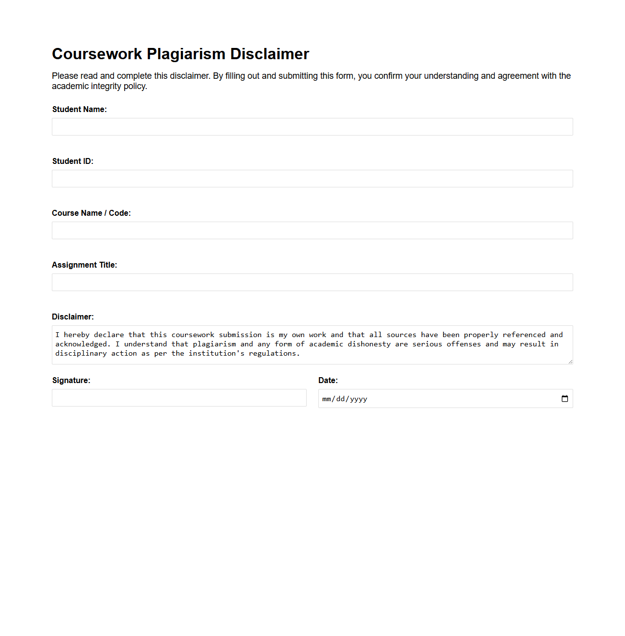 Coursework Plagiarism Disclaimer Template