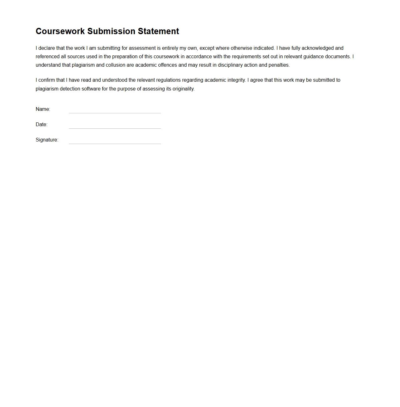 Coursework Submission Statement Example