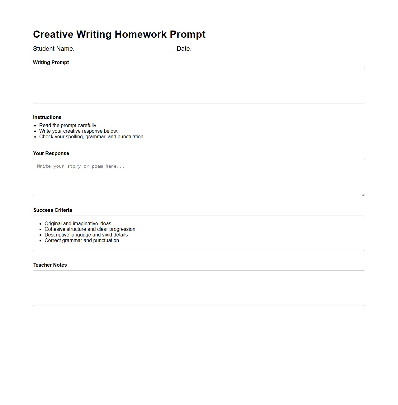 Creative Writing Homework Prompt Document