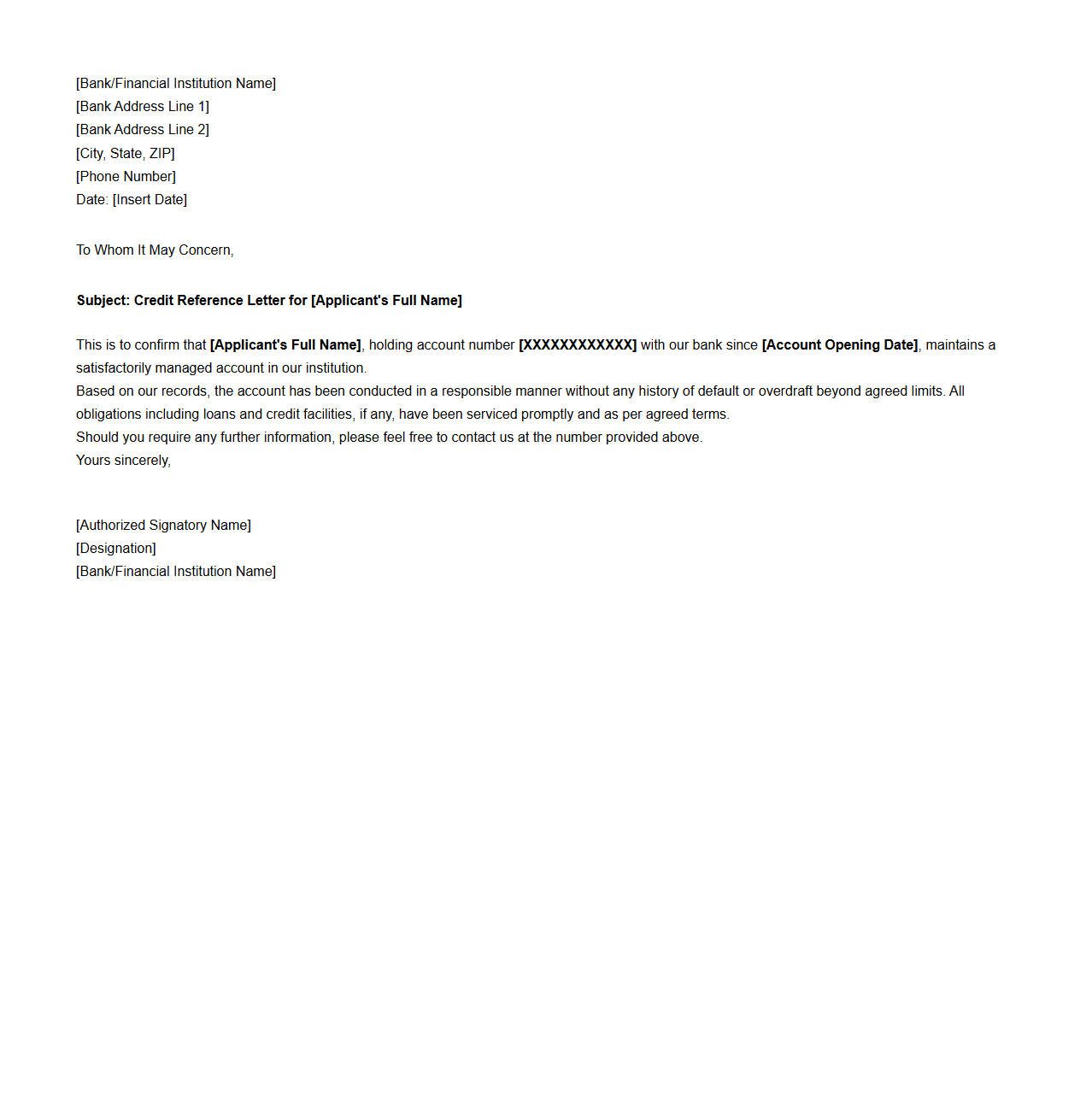 Credit Reference Letter Sample for Home Loan