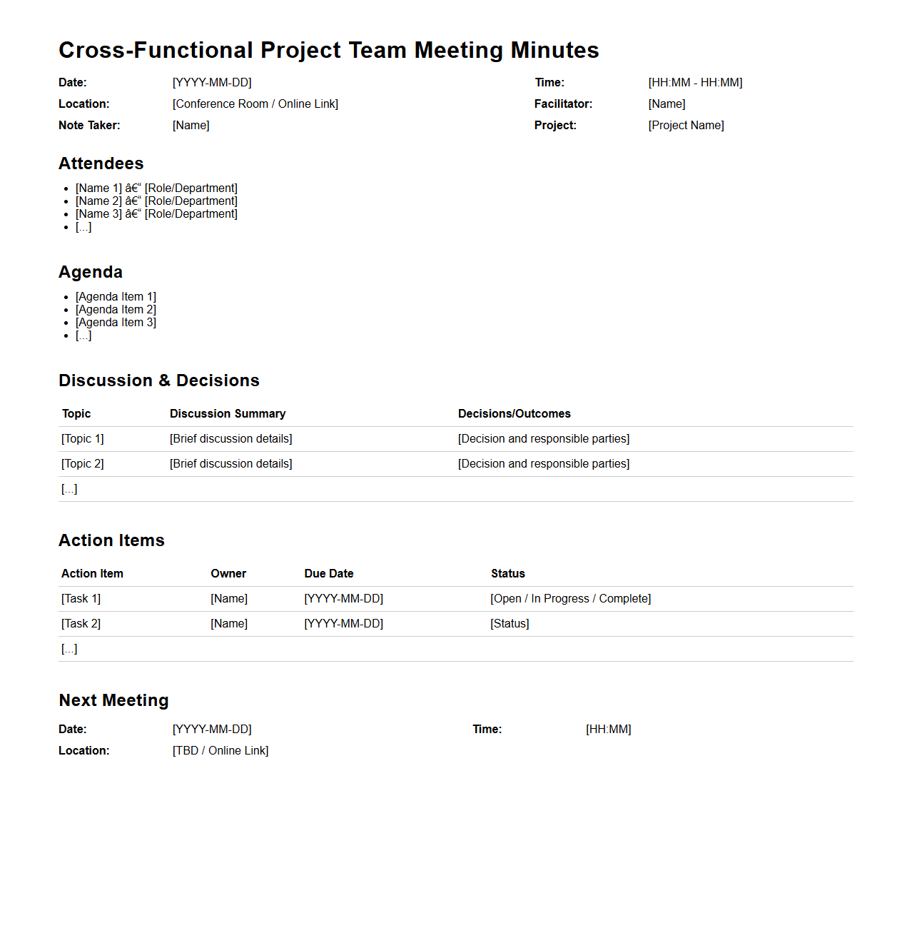 Cross-Functional Project Team Meeting Minutes Example