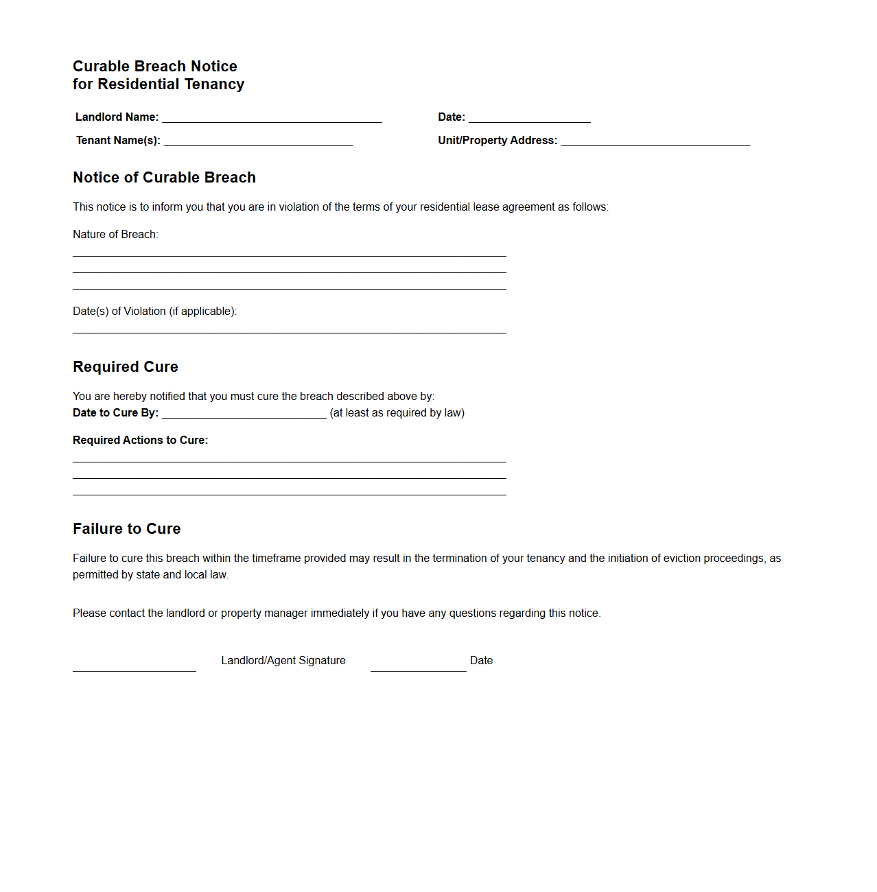 Curable Breach Notice for Residential Tenancy