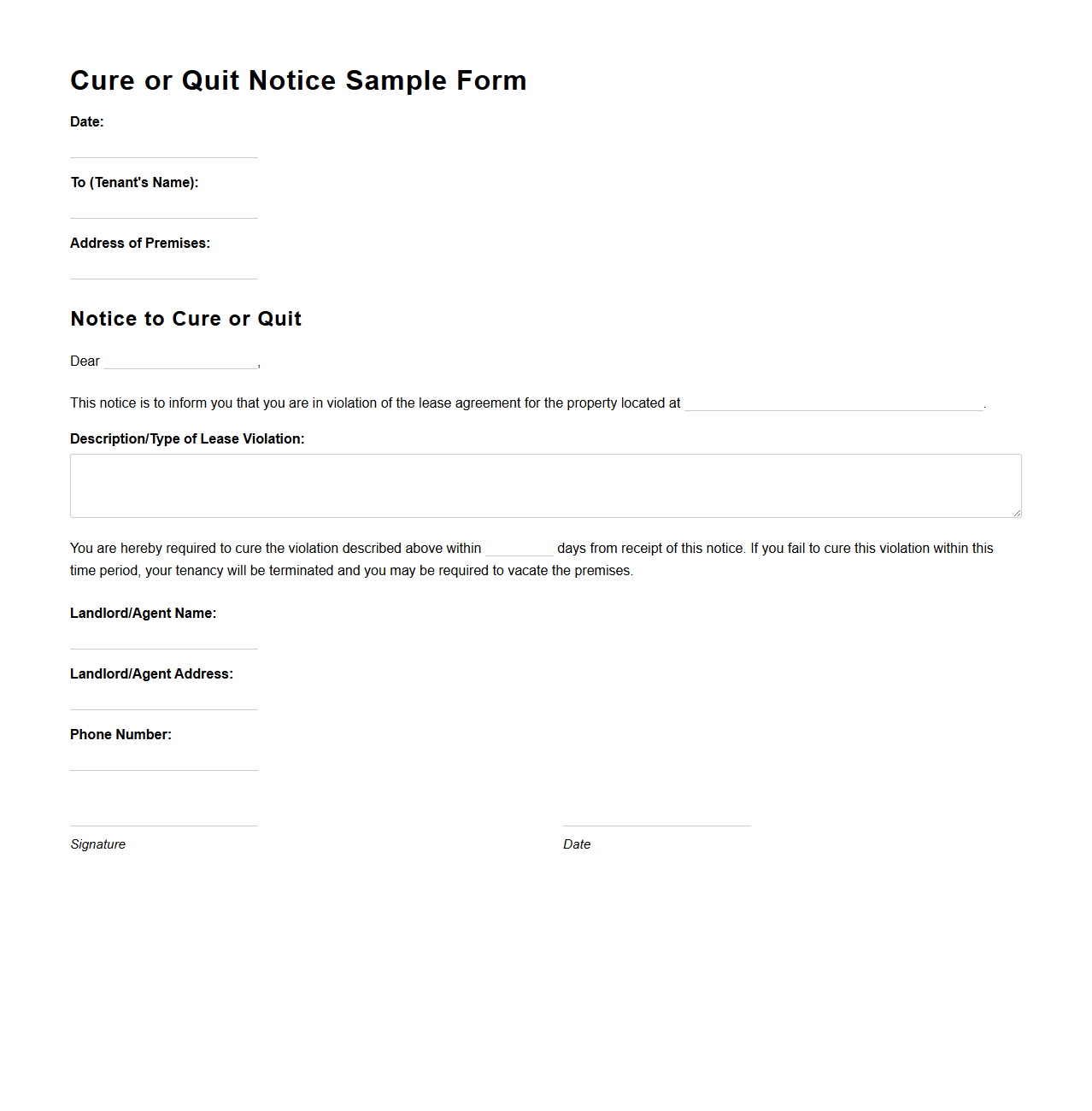 Cure or Quit Notice Sample Form