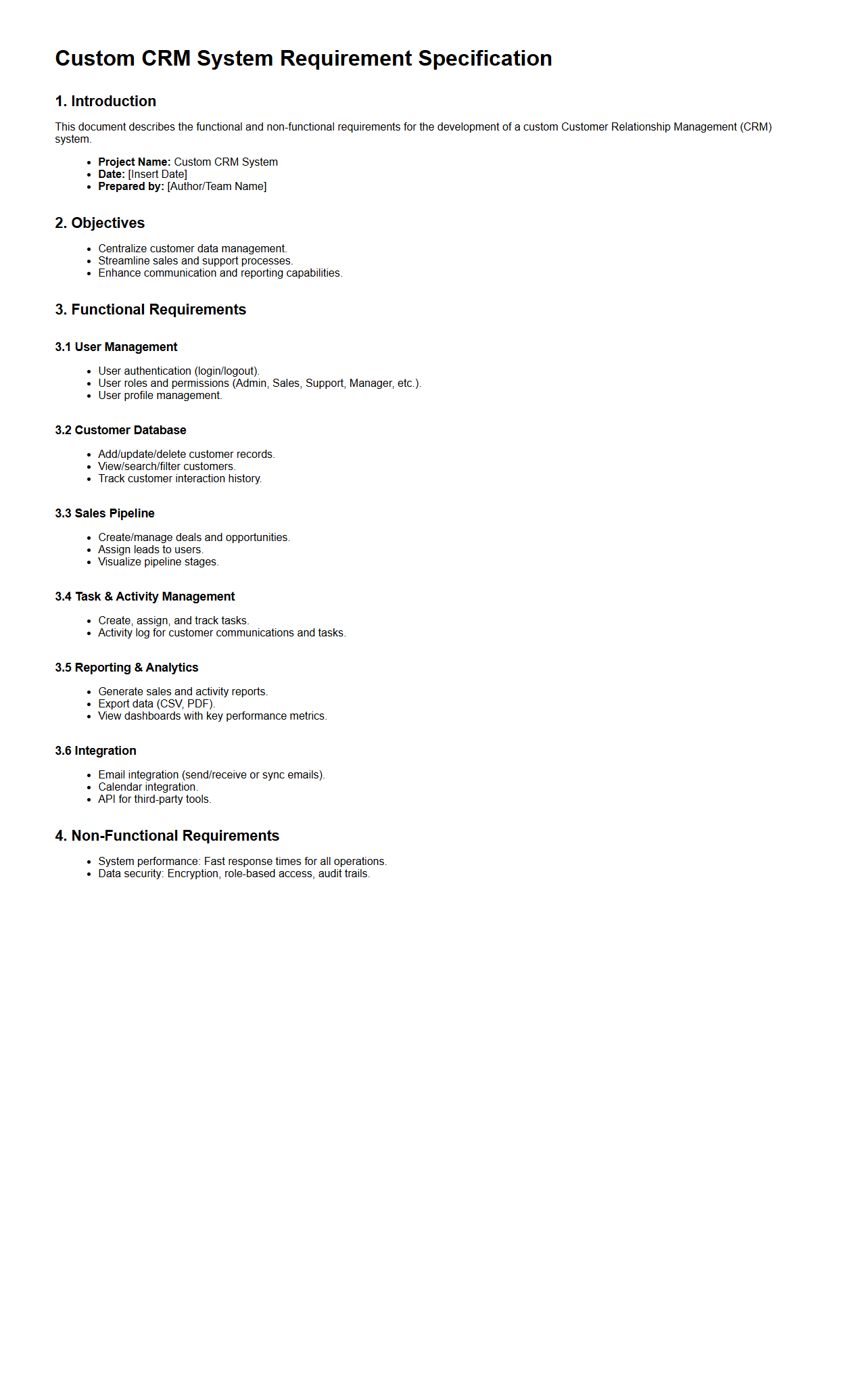 Custom CRM System Requirement Specification