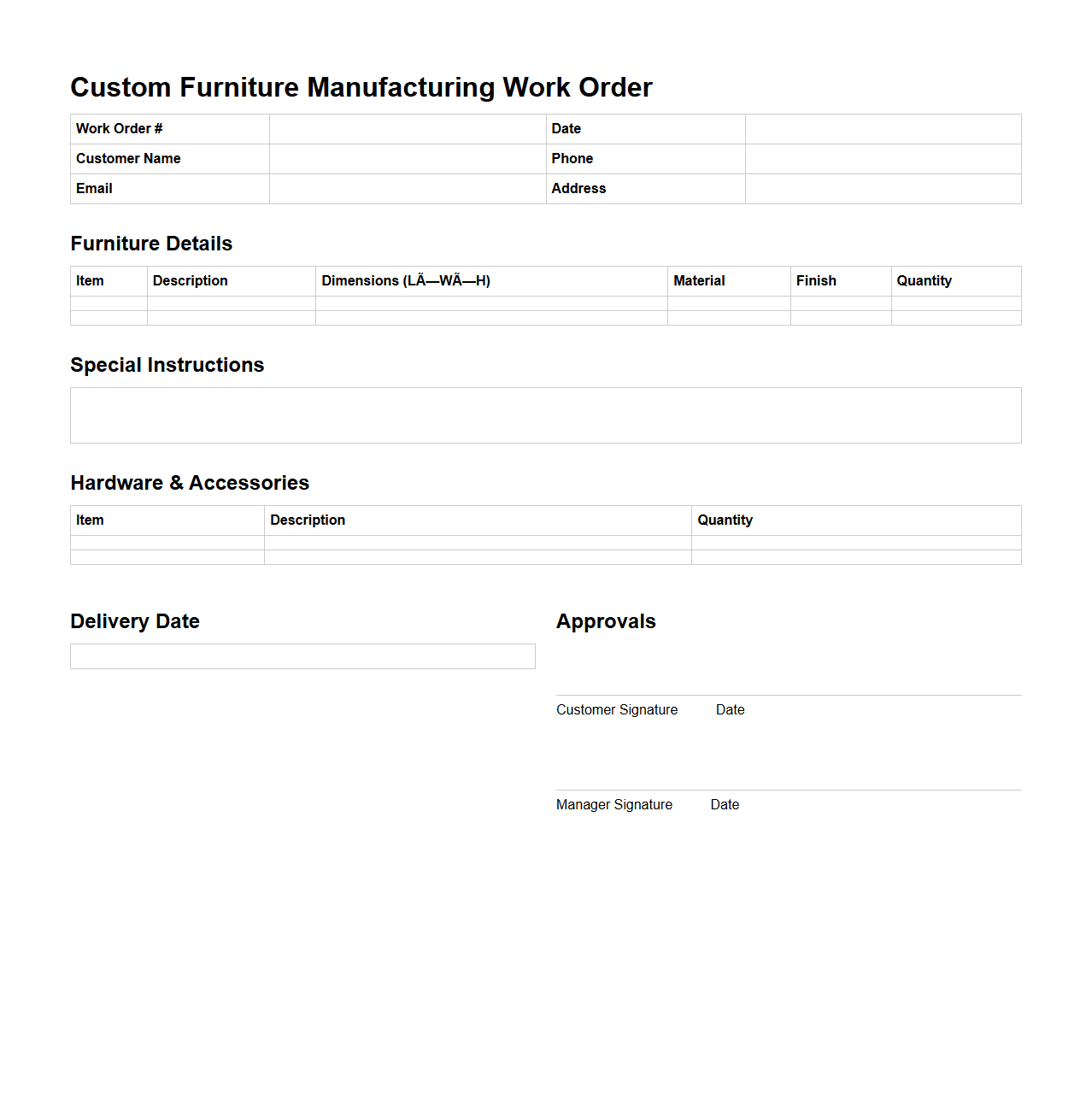 Custom Furniture Manufacturing Work Order Template