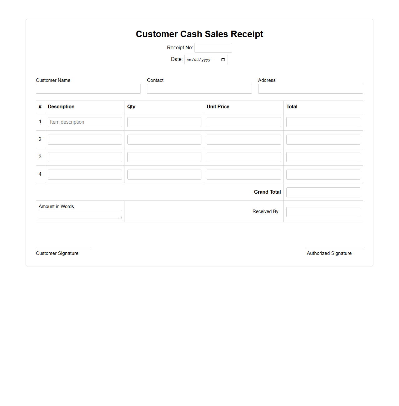 Customer Cash Sales Receipt Format