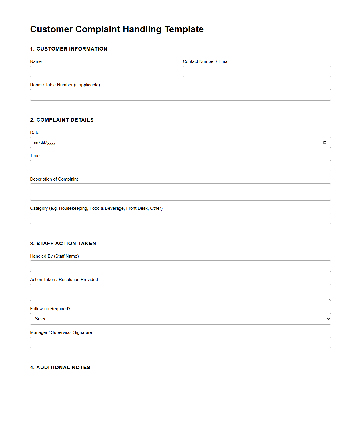 Customer Complaint Handling Template for Hospitality