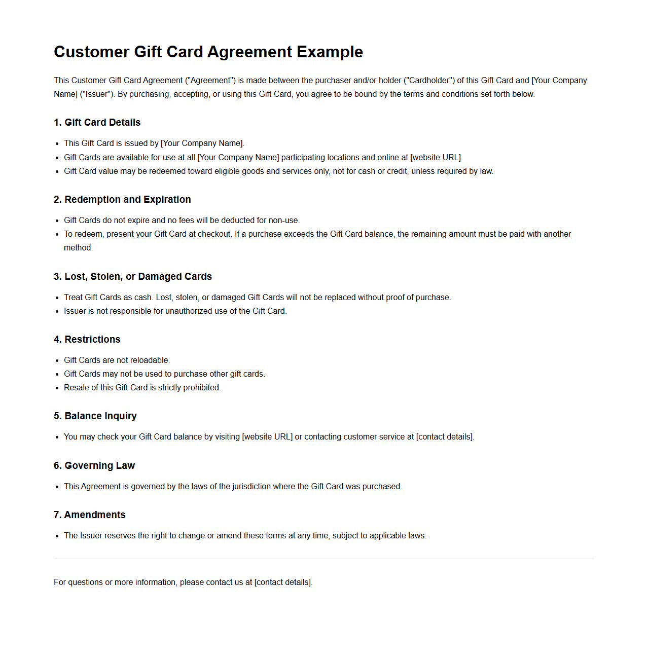 Customer Gift Card Agreement Example