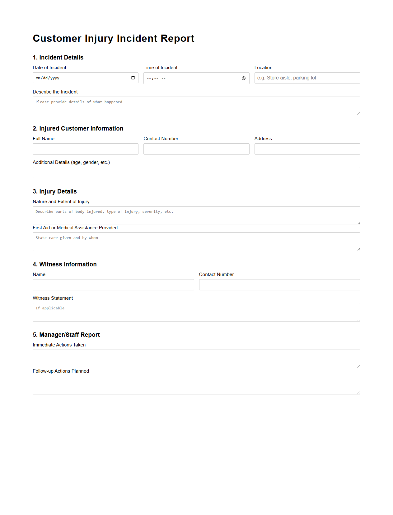 Customer Injury Incident Report for Commercial Liability