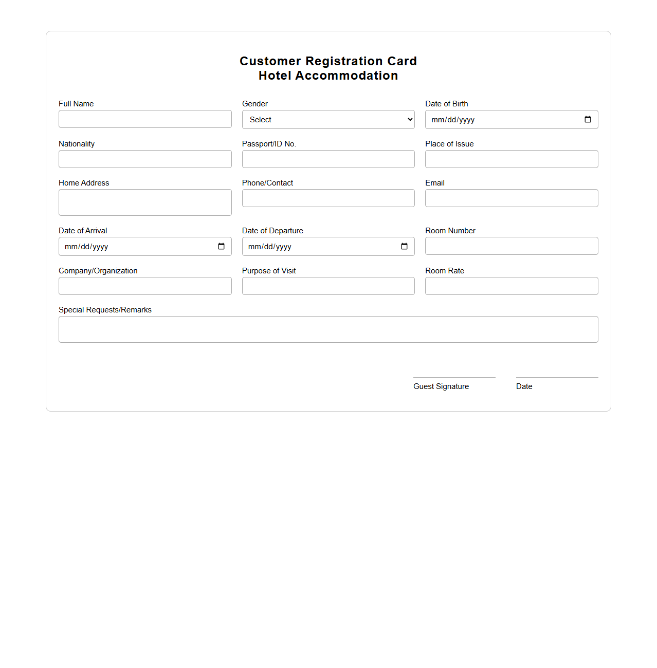 Customer Registration Card for Hotel Accommodation
