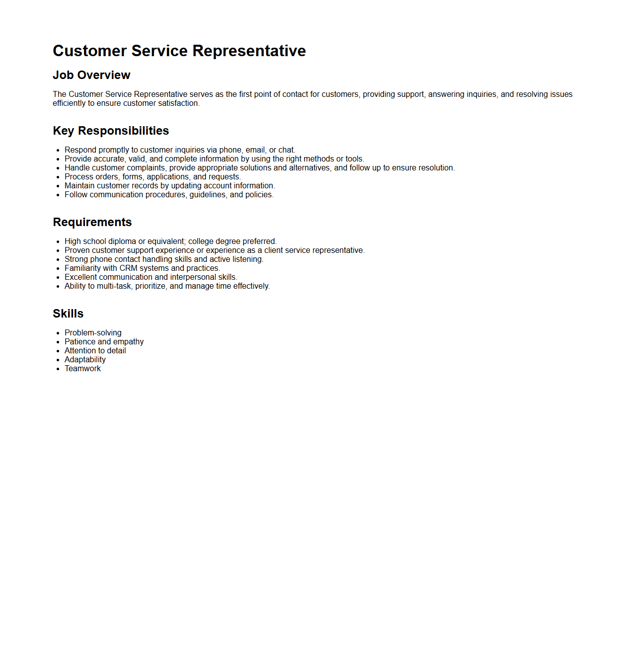 Customer Service Representative Job Profile