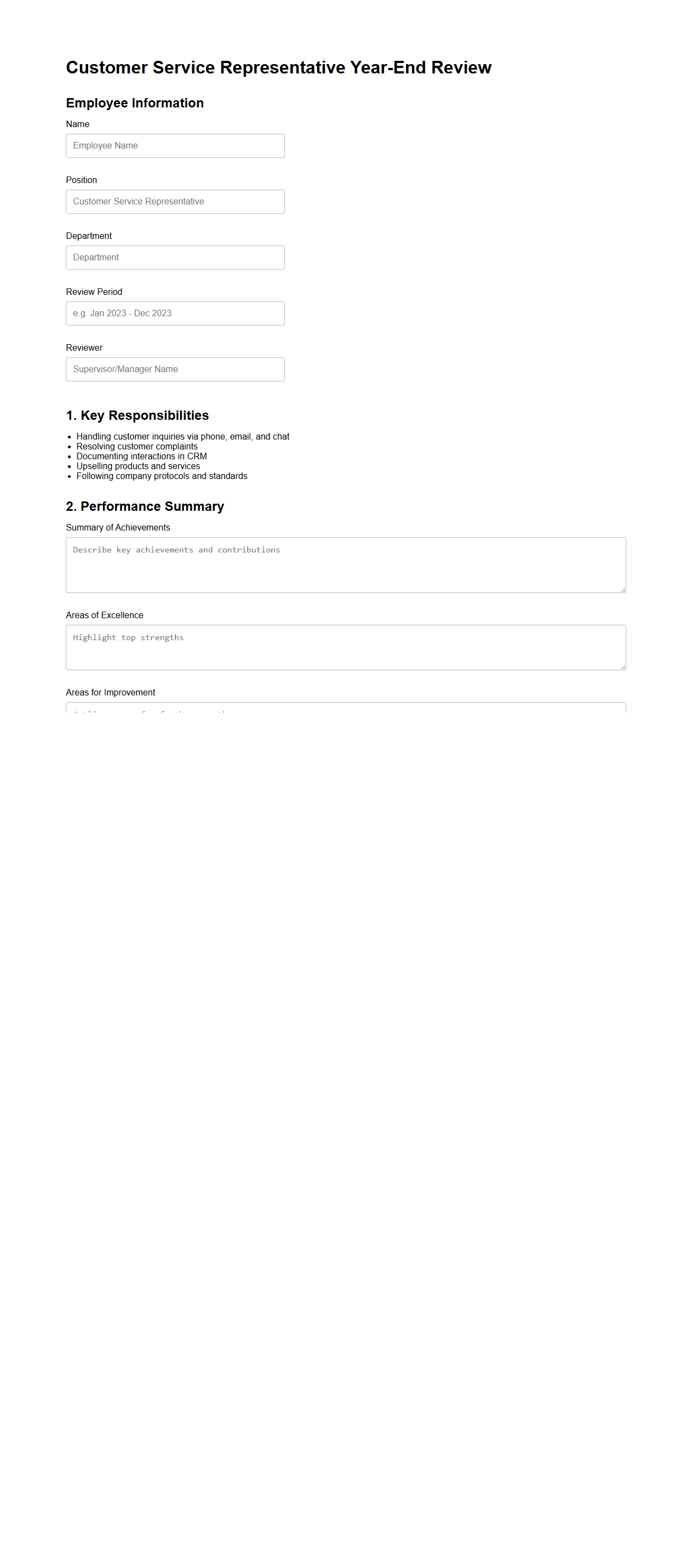 Customer Service Representative Year-End Review Document Sample