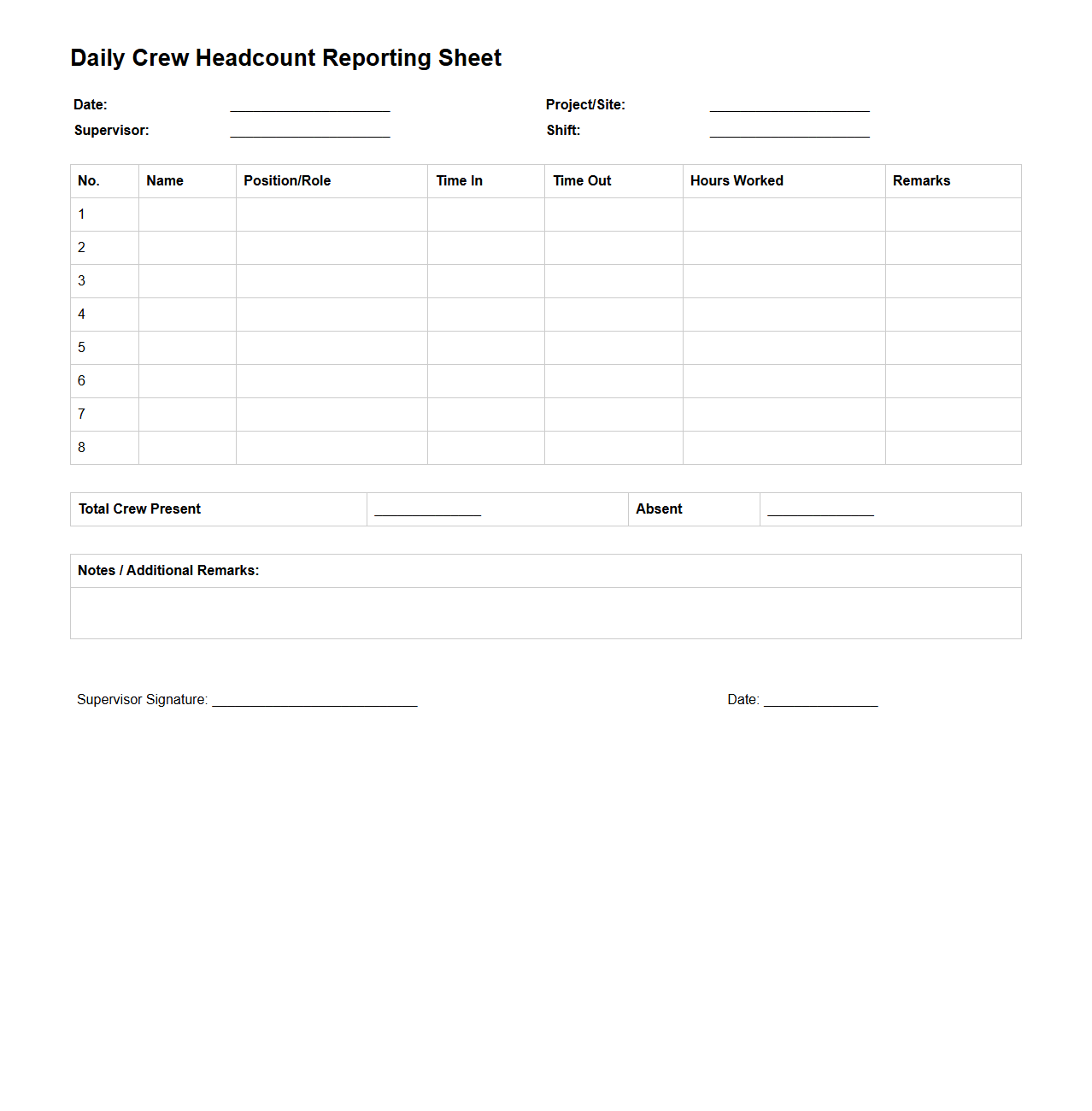 Daily Crew Headcount Reporting Sheet