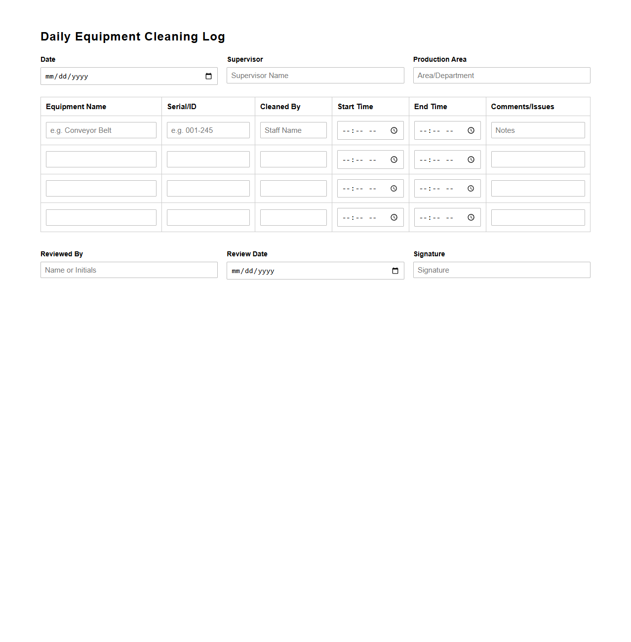Daily Equipment Cleaning Log for Manufacturing