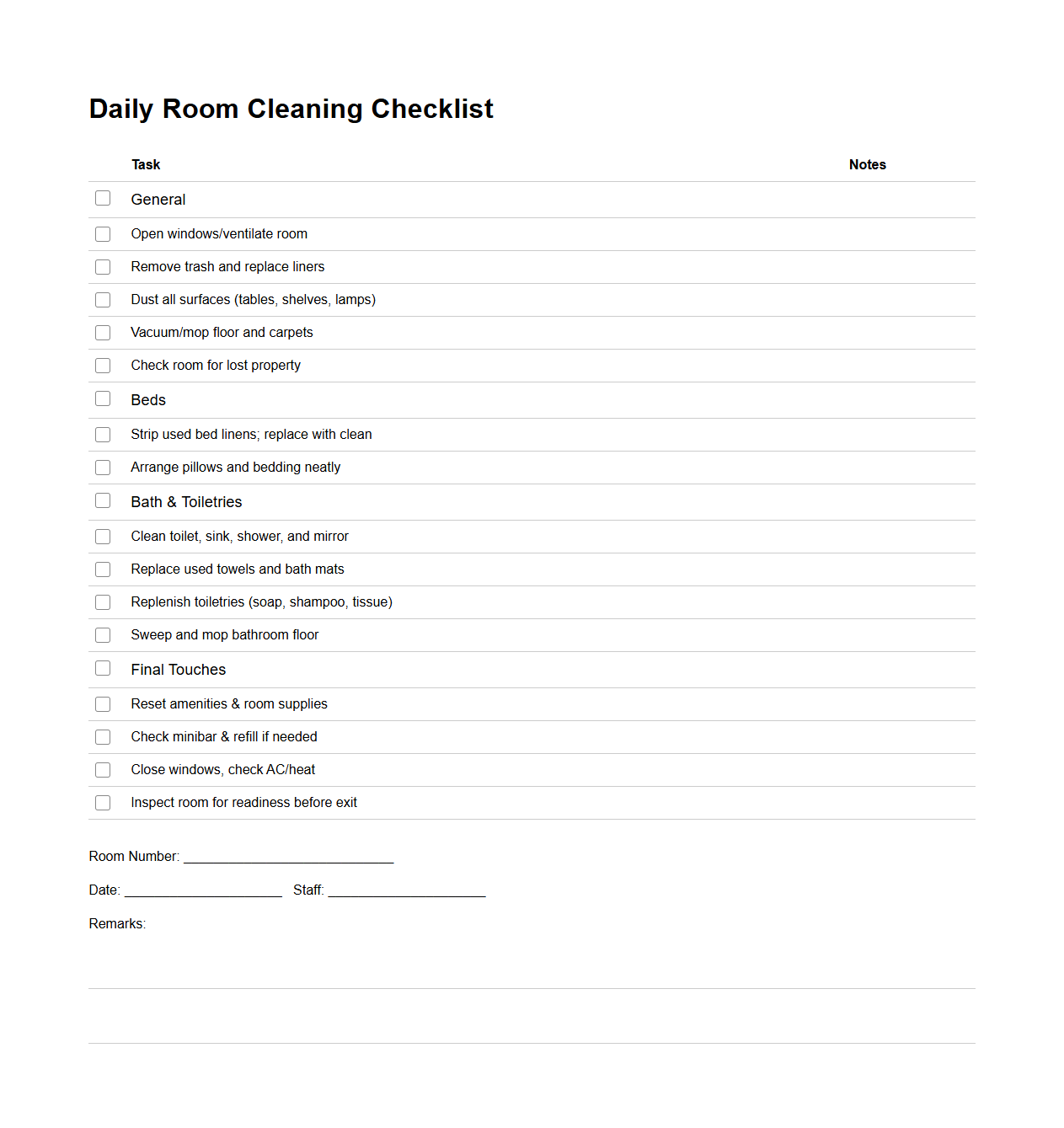 Daily Room Cleaning Checklist for Hotel Housekeeping