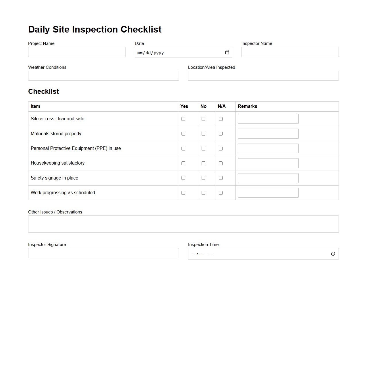 Daily Site Inspection Checklist for Building Projects
