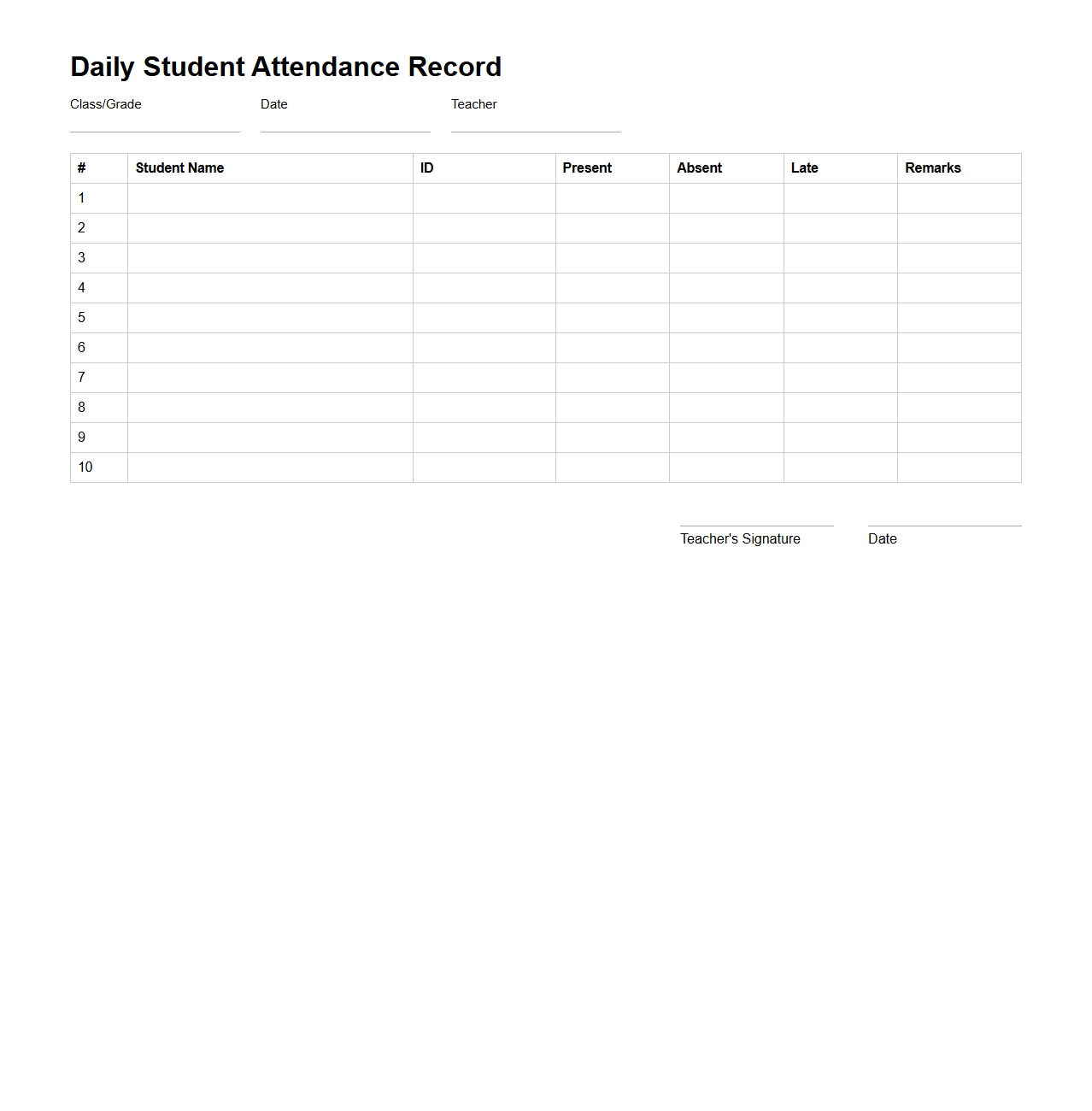 Daily Student Attendance Record Template