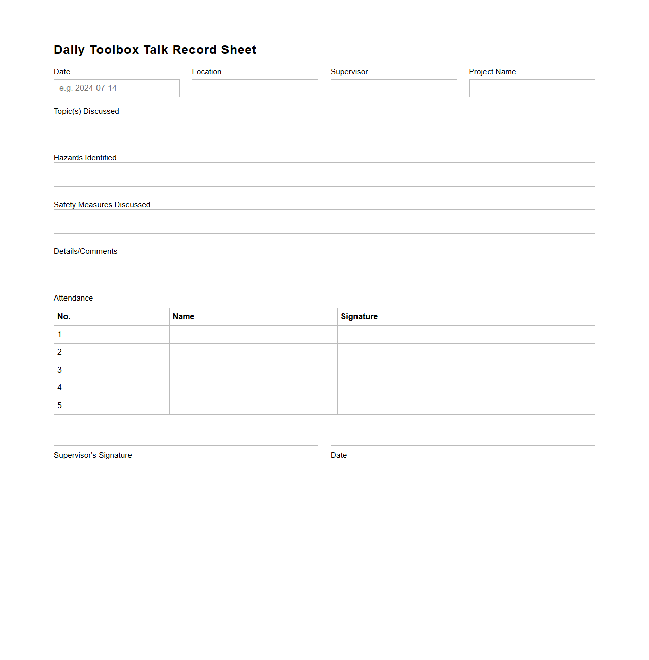 Daily Toolbox Talk Record Sheet Sample