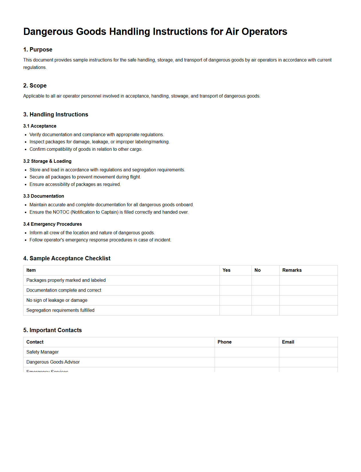 Dangerous Goods Handling Instructions for Air Operators