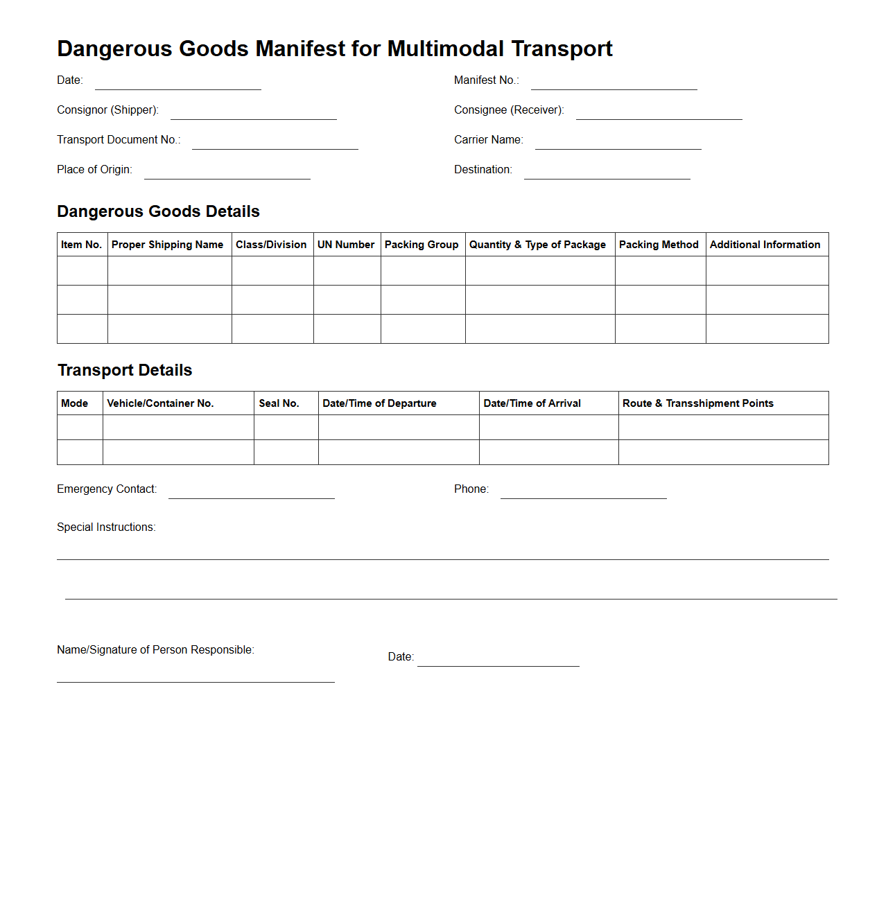 Dangerous Goods Manifest for Multimodal Transport