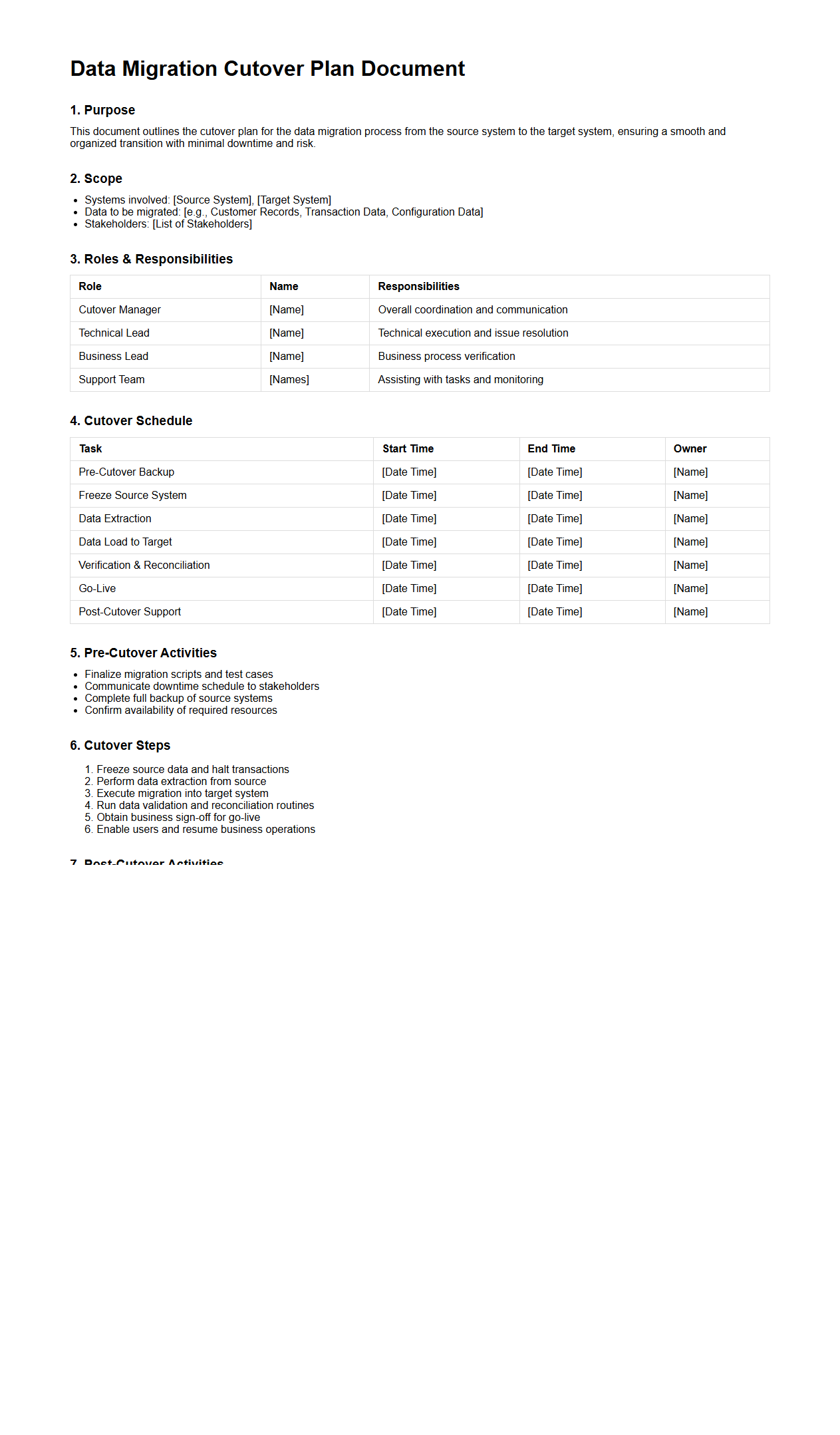 Data Migration Cutover Plan Document Sample