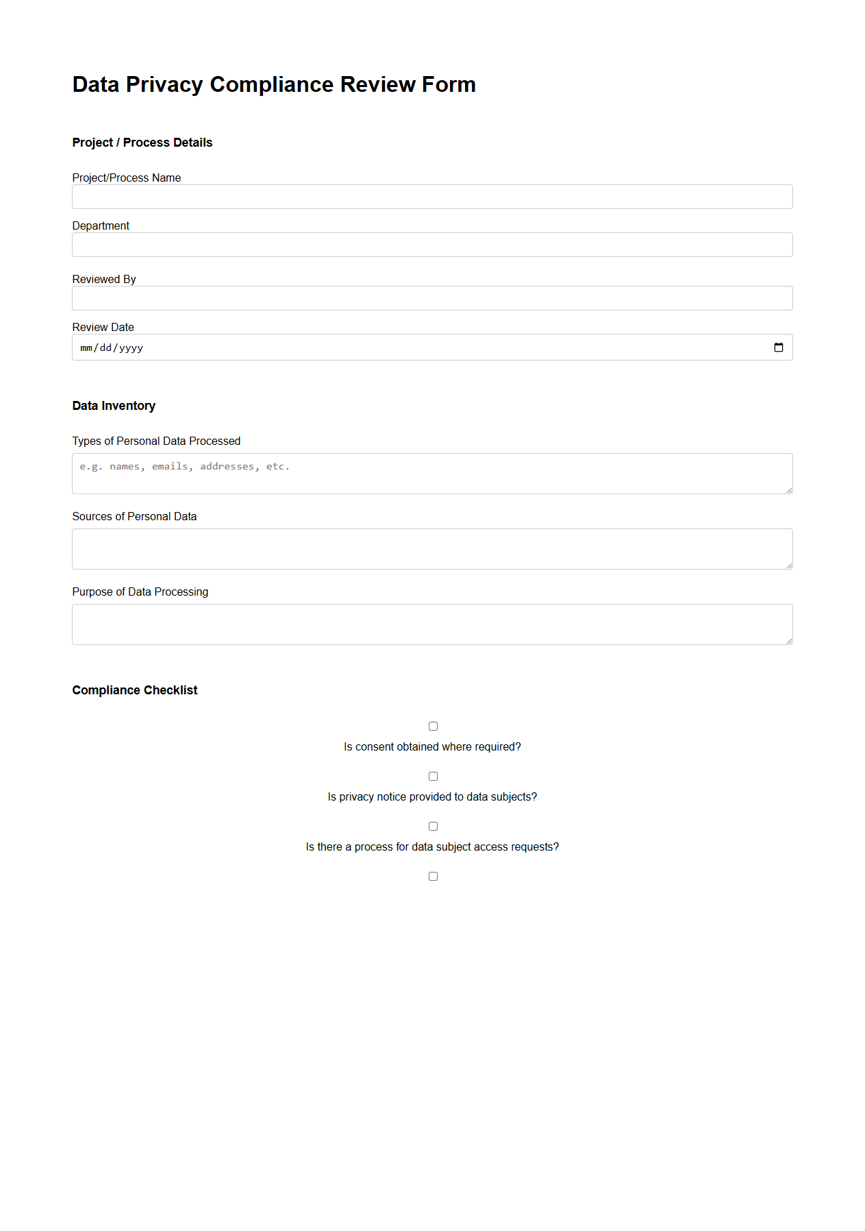 Data Privacy Compliance Review Form