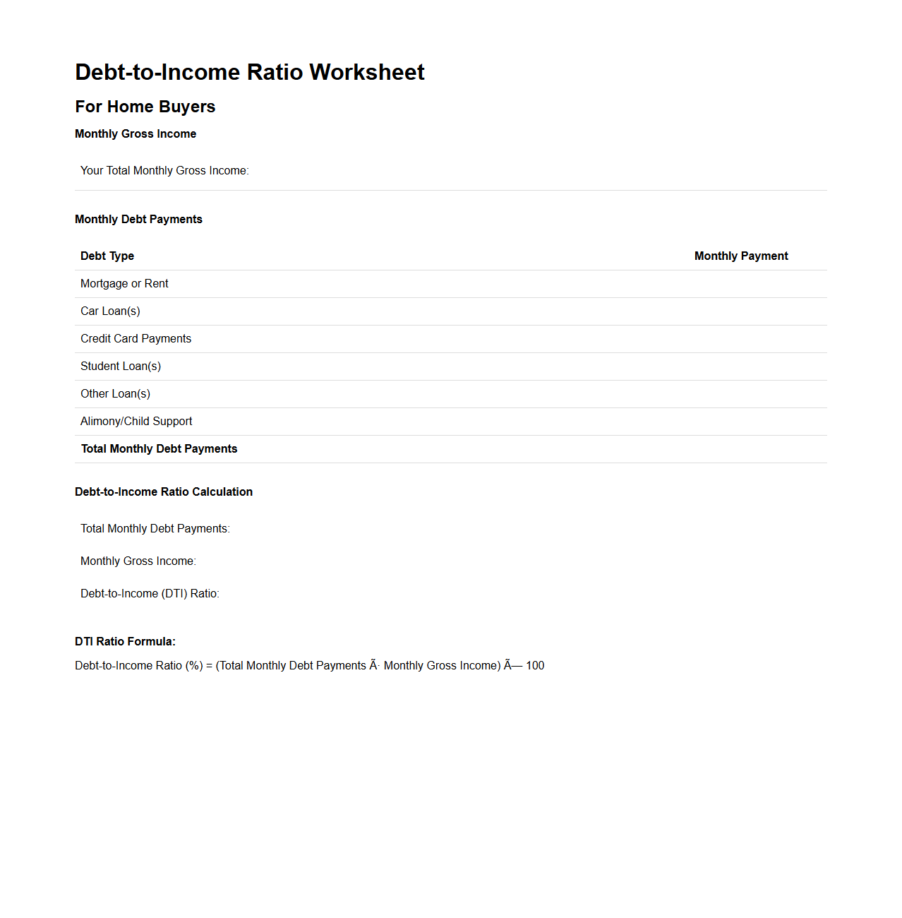 Debt-to-Income Ratio Worksheet for Home Buyers