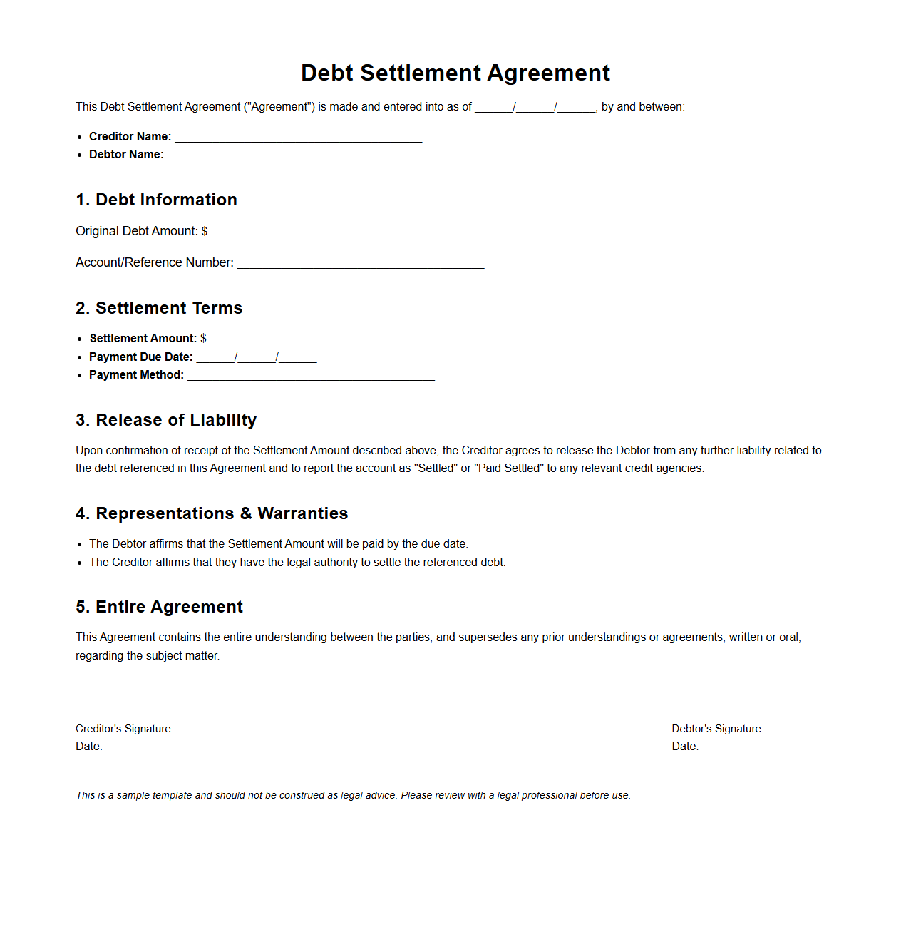 Debt Settlement Agreement Template for Creditors