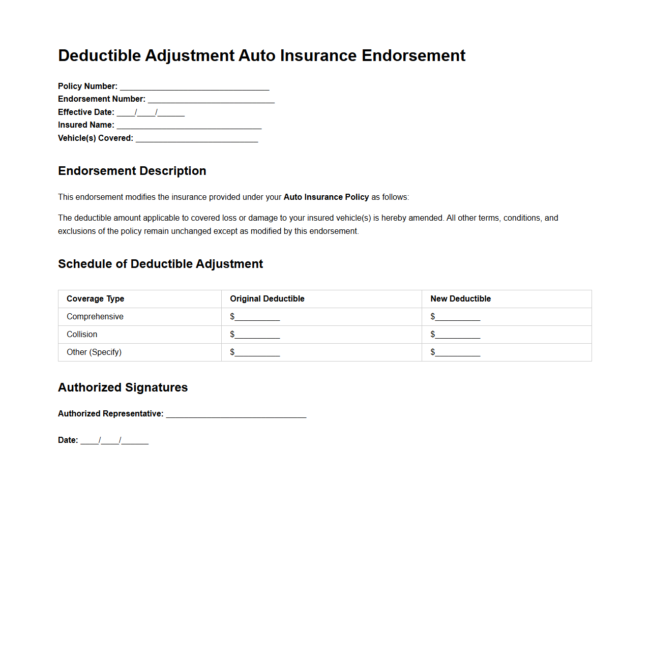 Deductible Adjustment Auto Insurance Endorsement Sample