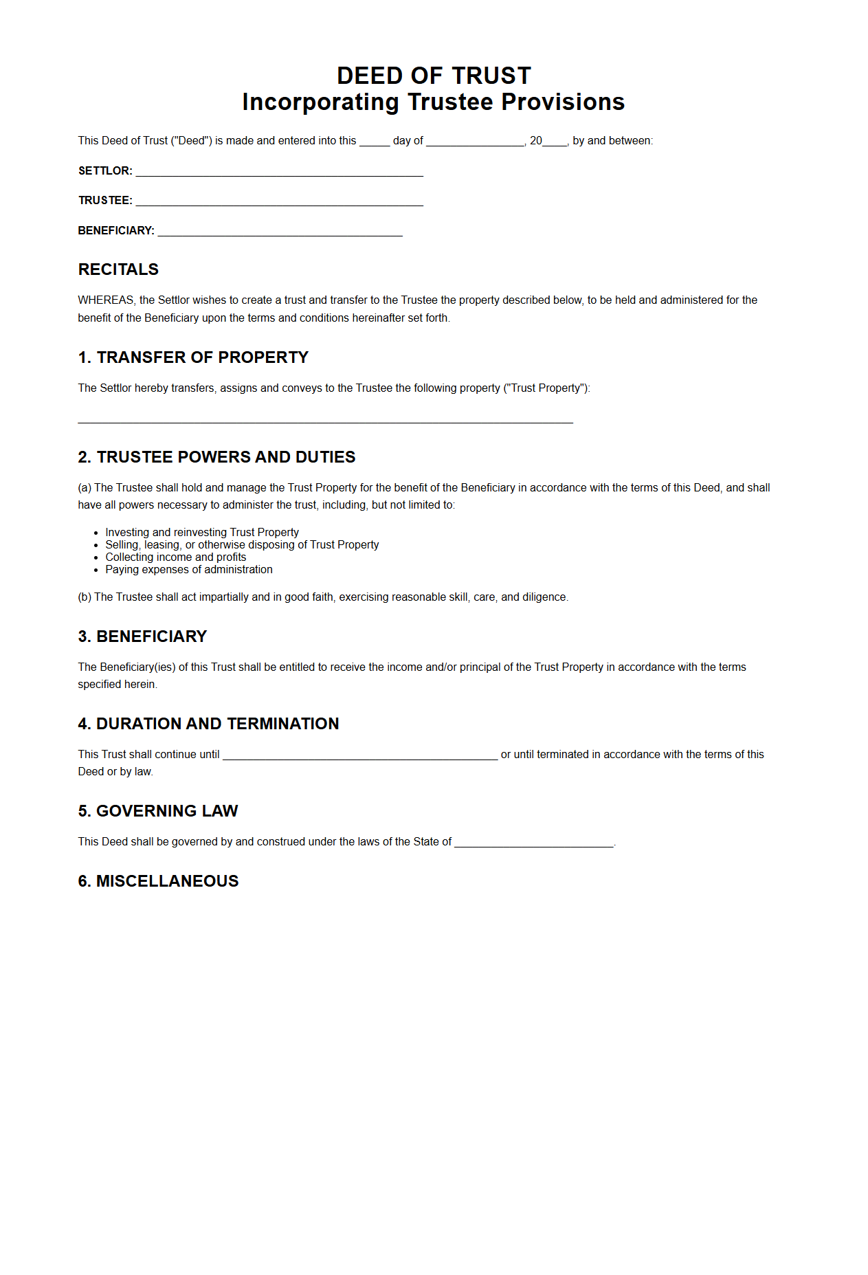 Deed of Trust Incorporating Trustee Provisions