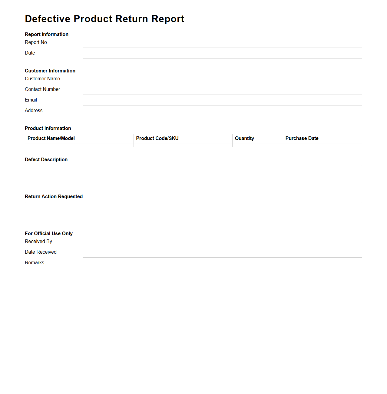 Defective Product Return Report Sample