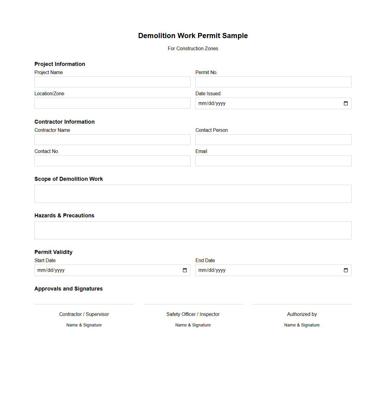 Demolition Work Permit Sample for Construction Zones
