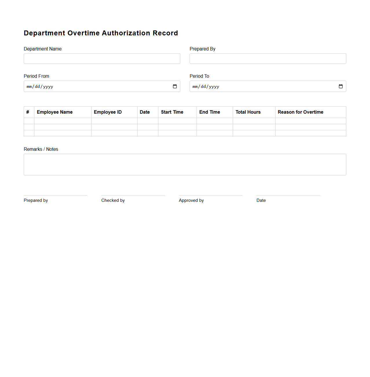 Department Overtime Authorization Record